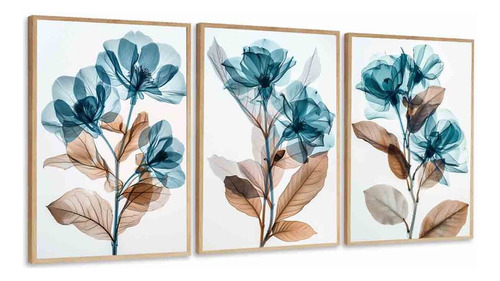 Kit 3 Quadros Decorativos Flor Azul Sala Moderna Com Moldura