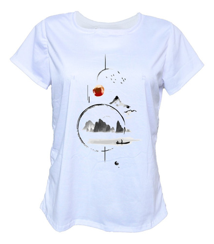 Blusa Playera Casual Mujer Sol Y Montañas Pintura Japonesa