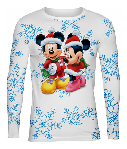 Playera Sublimada Manga Larga Navideña Copos Mickey Minnie