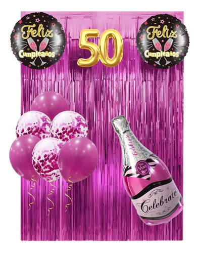 Pack De Globos Para Cumpleaños Con Botella O Copa Champagne Cumpleaños Con Botella Fucsia Y Dorado