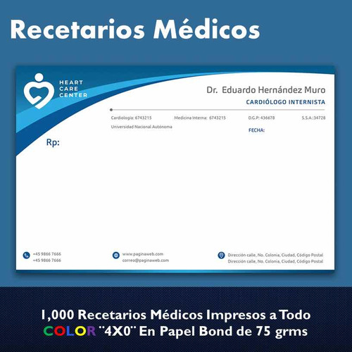 1000 Recetarios Médicos 1/2 Carta A Todo Color Papel Bond