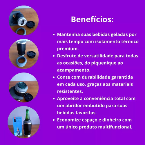 Copo Térmico 420ml Suporte Long Neck Latinha Latão E Abridor Preto Vermelho Azul Verde Lisa