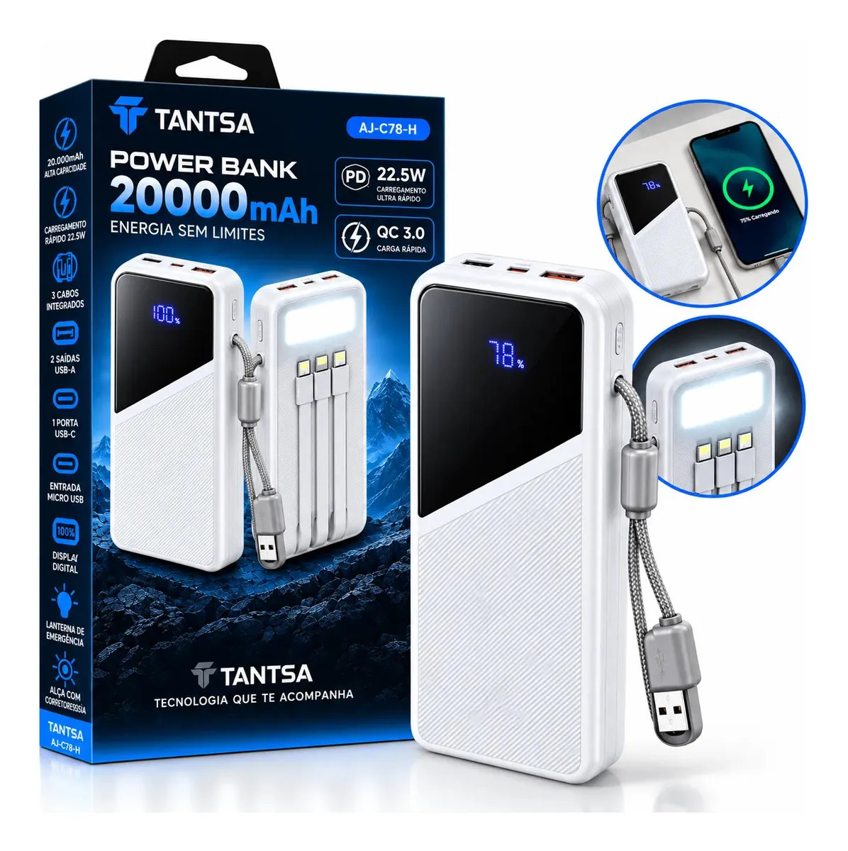 Power Bank Tantsa 20000mAh Turbo com Cabos e Lanterna para iPhone Android
