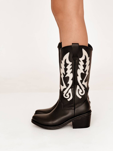 Botas Texanas Mujer Cuero Caña Media Taco Foliado Malaga