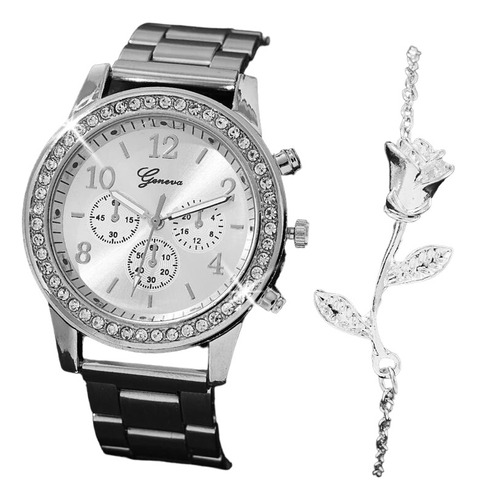 Reloj Mujer Juvenil Femenino + Pulsera Diseño Rosa Plata