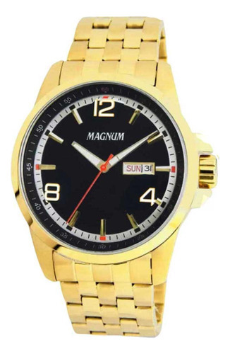 Relógio Masculino Magnum Analógico Ma34629u + Carteira Cor da correia Dourado Cor do bisel Dourado Cor do fundo Preto