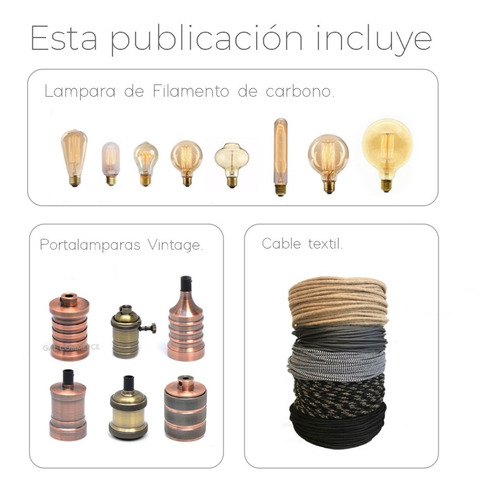 Imagen 5 de 8 de 3 Porta Lamparas + Lamparas Filamento + Cable Textil Vintage Enviogratis