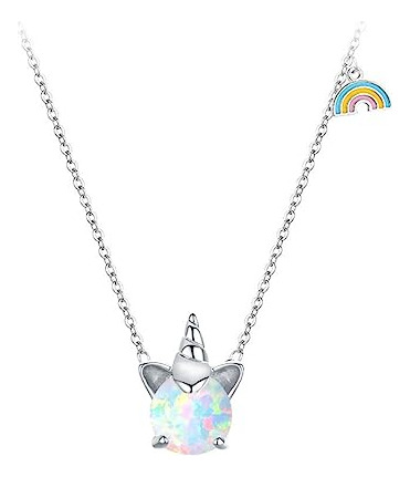 Praymos 925 Sterling Silver Necklace Cute Unicorn Owl Opal