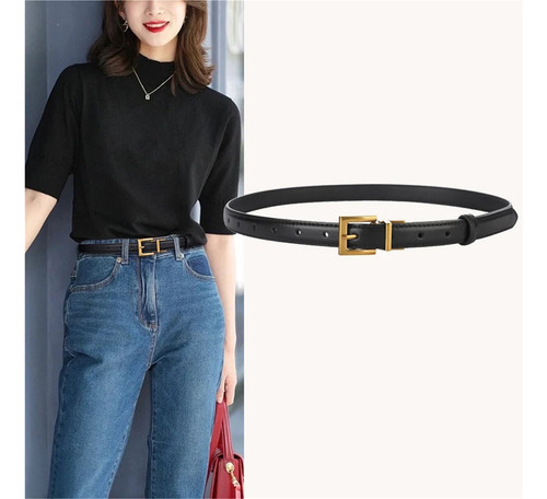 Cinturón De Mujer De Moda De Cuero Con Hebilla Dorada.