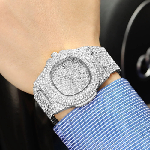 Moda Iced Out Reloj Hombres Diamante Acero Reloj