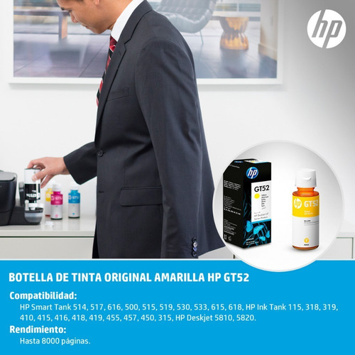 Imagen 2 de 10 de Tinta Hp Gt52 Amarillo Original M0h56al Deskjet Gt5820 8000p Tienda Oficial Hp
