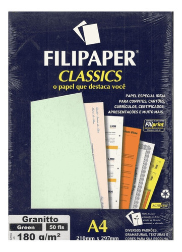 Papel Granitto Green A4 180g 50 Folhas Filipaper