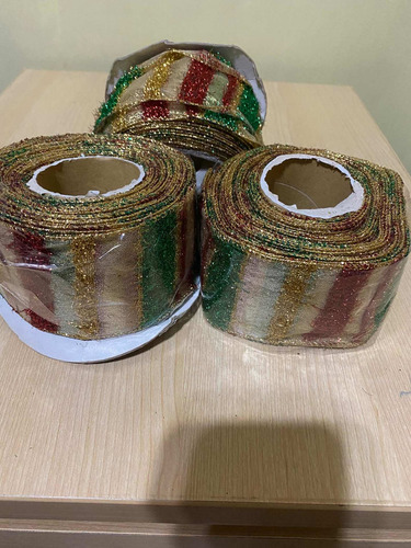 Rollo Cinta De Navidad De Rayas Roja, Verde Y Dorada. Nueva.