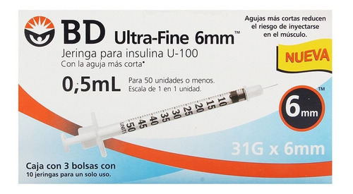 Jeringa Bd Ultra-fine 0.5 Ml 31g 30 Unidades Descartable 6 Ml
