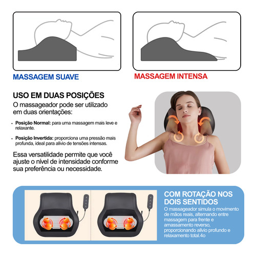 Massageador Shiatsu Elétrico Com Aquecimento Almofada Para Costas, Pescoço E Lombar | 3 Intensidades | 127/220V | Veicular
