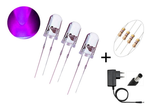 Imagem 1 de 7 de Kit 20x Leds Uv Ultravioleta 5mm+resistores+ 2x Fonte 12v 1a