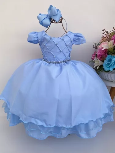 VESTIDO INFANTIL CINDERELA PRINCESA AZUL C/ RENDA E PÉROLAS