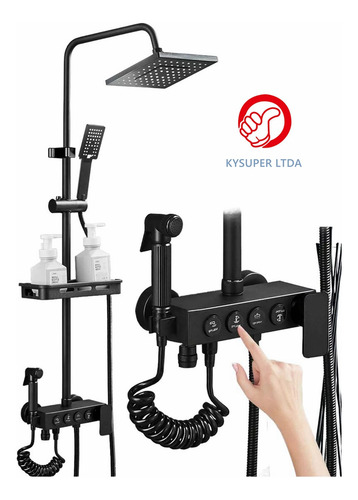 Ducha columna push boton KY20 color negro mate 3 engranajes 4 funciones plato de ducha rectangular 20x20cm