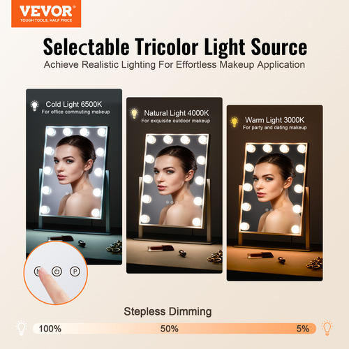 Vevor Hollywood Espejo De Tocador Con Luz, 12 Bombillas