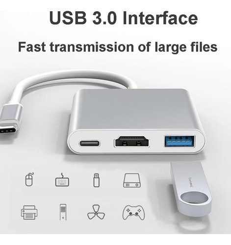 Hub 3 En 1 Incluye Puertos Para Hdmi Usb 3.0 Y Pd Adaptador Hub Usb-c H3e1 Marca Jkrtech