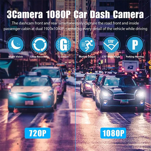 Cámara Para Automovil Accesorio Dashcamera Hd1080p 3pantalla