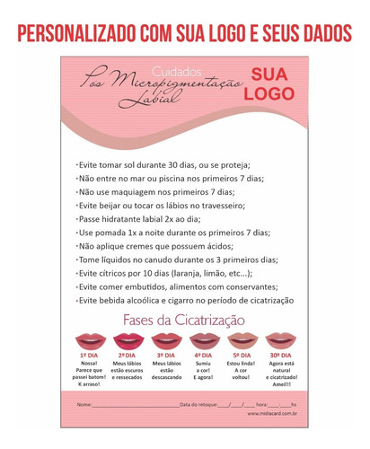 Imagem 3 de 3 de Kit Personalizado Ficha Anamnese Micropigmentãção + Cuidados