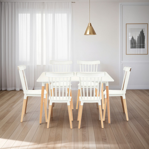 Juego Comedor Mesa Eames Rectangular 120x80 + 6 Windsor Color Blanco Diseño De La Tela De Las Sillas Liso