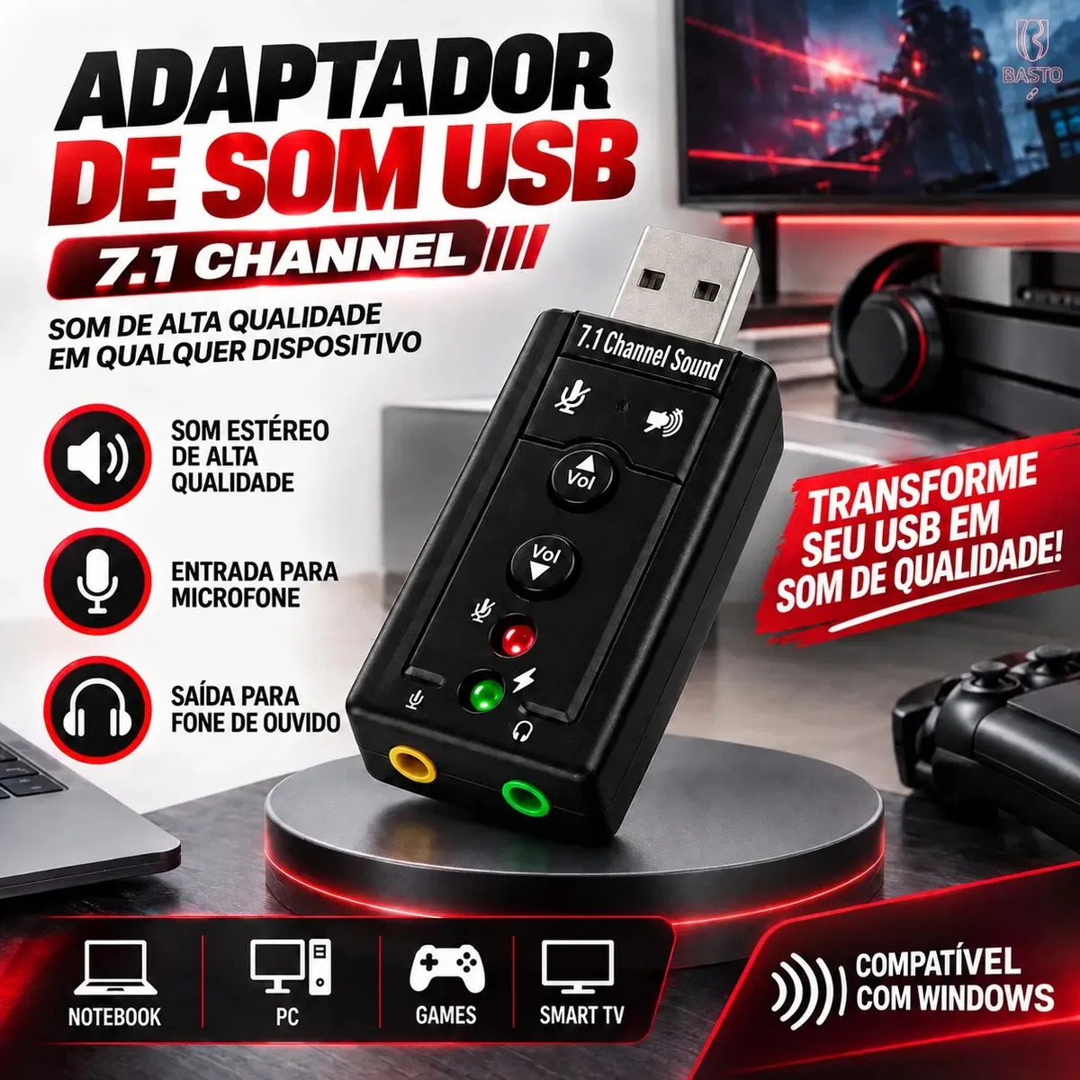 Placa De Som Externa Usb 7.1 Adaptador De Áudio Para Fone De Ouvido E Microfone Compatível Com Pc Notebook Computador Plug & Play Compacta Portátil Marca B Basto