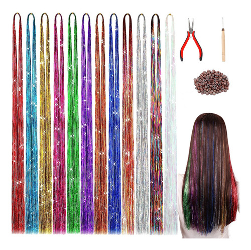 Kit De Brillos Extension Cabello Con Herramienta 12 Colores