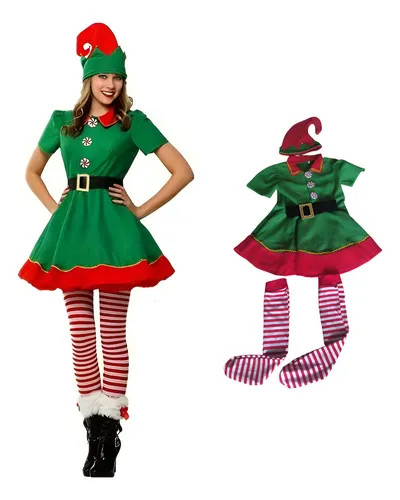 Disfraz Duennaviño para niña - Traje Vestido Elfo con Sombrero Elfo Zapatos Cinturón Medias a Rayas,Navidad Festiva Navidad Carnaval Halloween Cosplay Disfraces Fiaoen