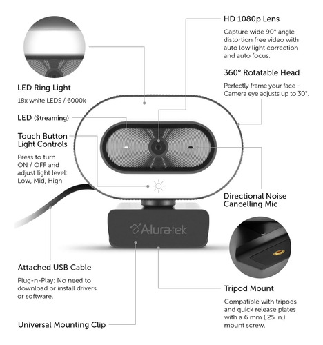 Camara Web Aluratek Hd De 1080 P Con Anillo De Luz