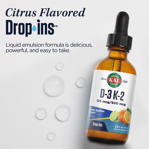 Gota Líquida De Vitamina D3 K2 De Kal D3 K2, 125 Mcg/500 Mcg