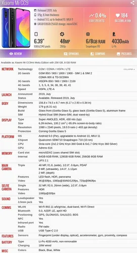 Xiaomi Mi Cc9 M1904f3bc 6gb 128gb Dual Sim Duos