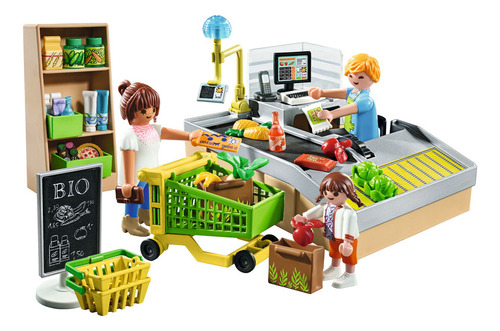 Playmobil Supermercado Ecológico Supermercado Ecológico Con Caja Registradora, Cinta Transportadora, Carrito Y Estante Con Productos. Incluye 3 Figuras Y Accesorios Para Recrear Compras Realistas.