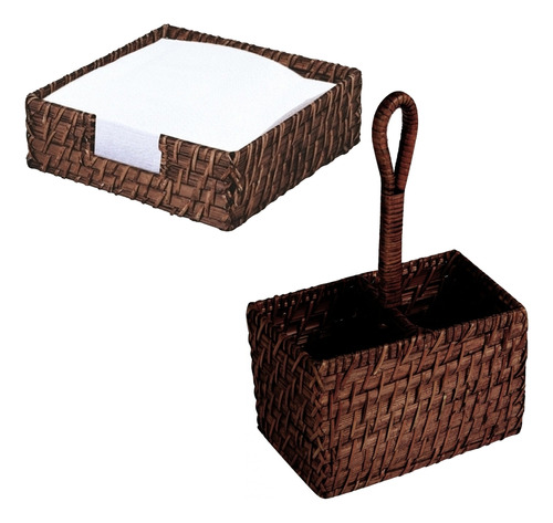 Jogo Rattan Porta Guardanapo Papel + Porta Vinho Mundiart