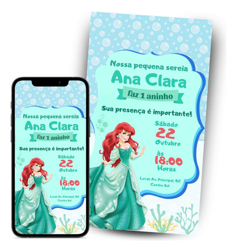 Pequena Sereia Ariel Convite Digital Aniversário Festa
