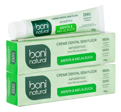 2 Pastas De Dente Natural Menta Melaleuca Sem Flúor Boni 90g