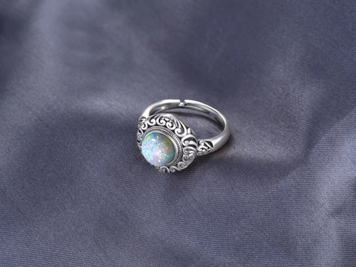 Imagen 3 de 4 de Anillo Ajustable Plata 925 Ópalo Joya Mujer Moda Vintage