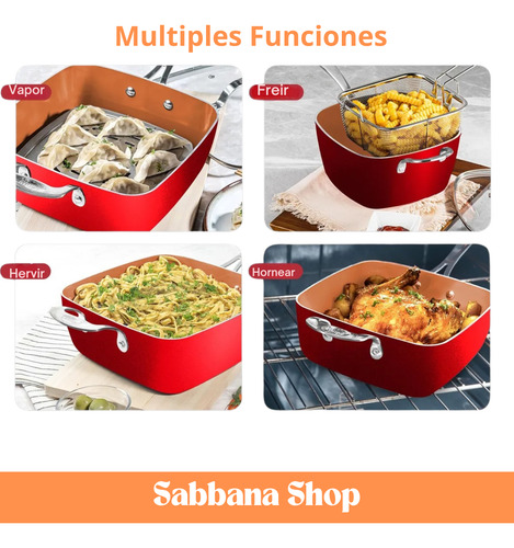 Sartén Multifuncion Antiadherente 24 Cm Hornear Freir Vapor Cobre