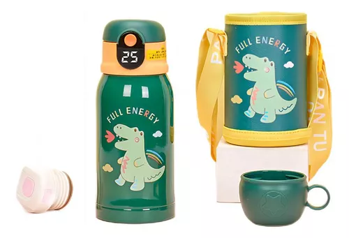 Botella de agua infantil de dinosaurio para niños, botella térmica con tapa  con pajilla, termo de acero inoxidable aislado para niños, botella térmica