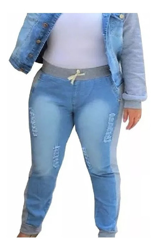 Calça Jeans Plus Size Com Moletom E Lycra Cintura Alta