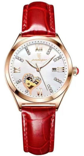 Relógio de couro com calendário impermeável para mulheres Poedagar Red Strap