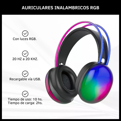 Auriculares Vincha Inalámbricos Bluetooth Gamer Con Luces Led Rgb Para Pc Computadora Celular