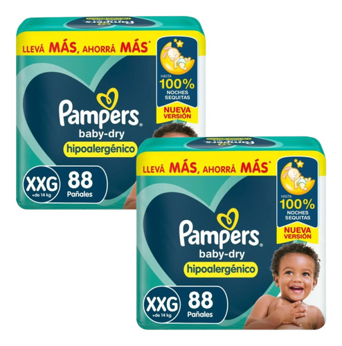 2 Pampers Baby-dry Hipoalergenico Xxg X88 Pack Mensual
