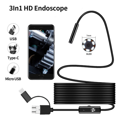 3 En 1 Teléfono Móvil Endoscopio Ip67 Impermeable 2m 7mm
