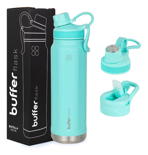 Termo Botella Térmica Agua Acero Inoxidable Buffer 700ml + 2 Tapas Turquesa
