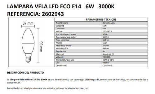 Pack 10 Unidades Ampolleta Led Vela 6w E14 Calida 3000k