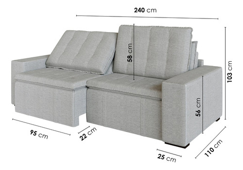 Sofá Cama Retrátil E Reclinável 4 Lugares 240cm Em Linho
