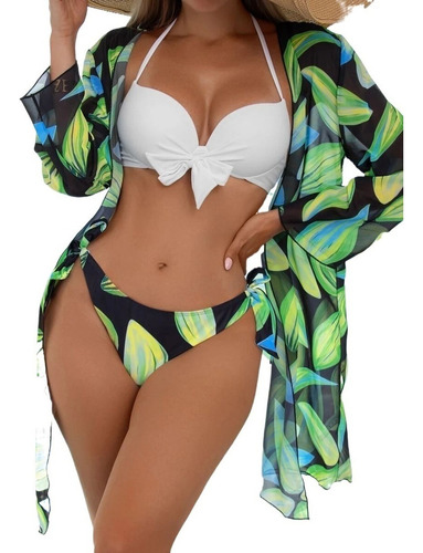 Conjunto De Bikini + Pareo De Playa Tipo Kimono Estampado
