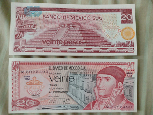Billete De $ 20 P. Mexicanos Seri Dm Sin Circular Folio Cose